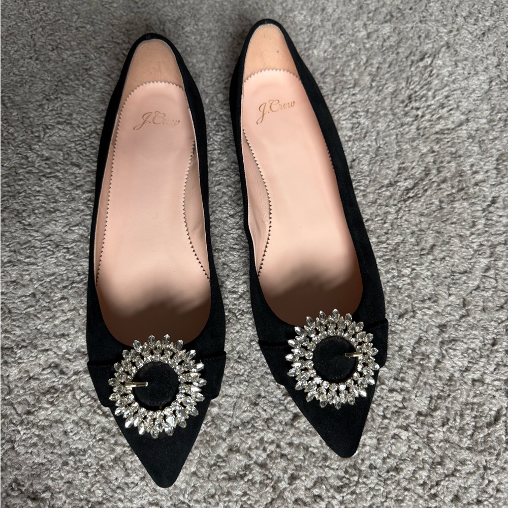 J.Crew Black Suede Crystal Embellished Pointed Toe Flats Size 9 Velour